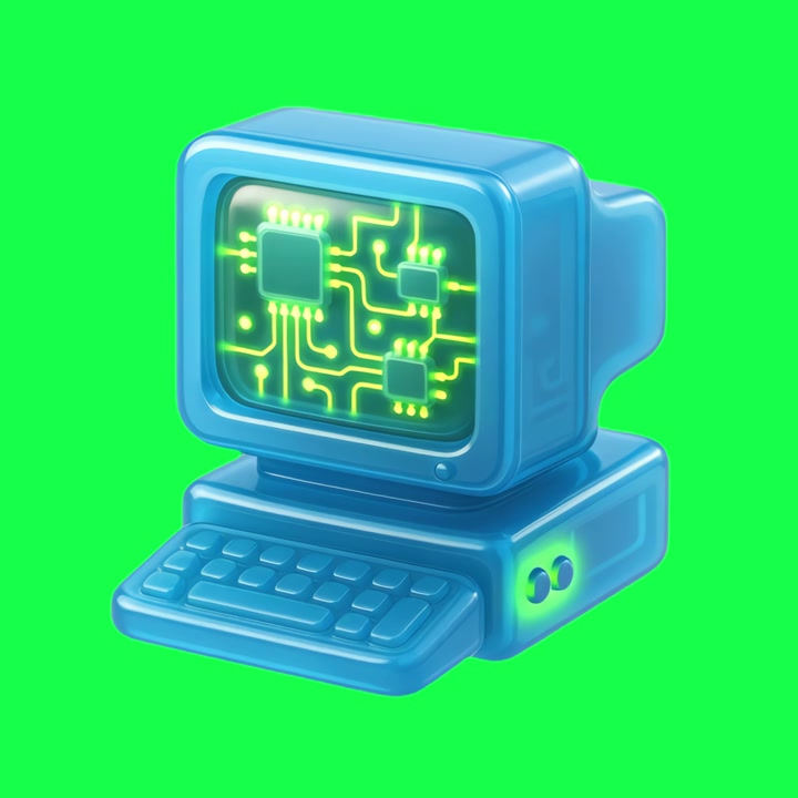 Animated 3D Retro Computer with Glowing Circuit Board Screen