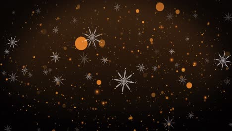 Animation-of-snow-falling-and-christmas-fairy-lights-flickering-over-black-background