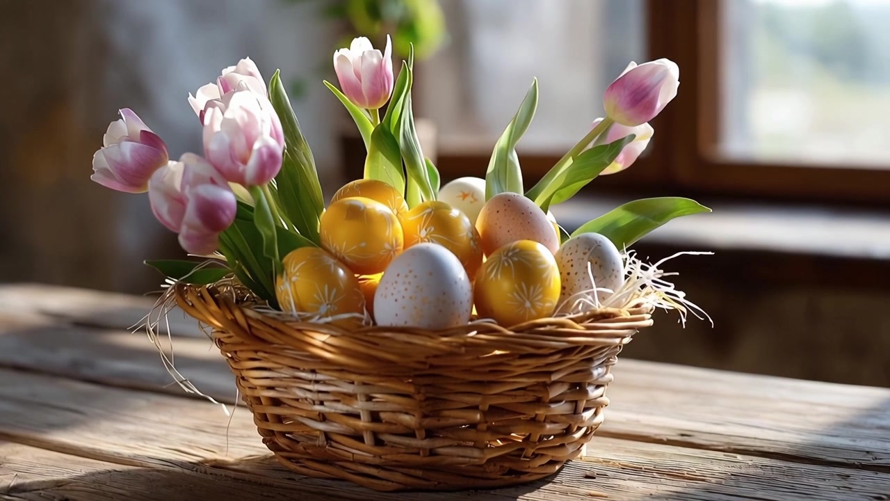 Easter Basket with Colorful Eggs and Pink Tulips on a Wooden Table