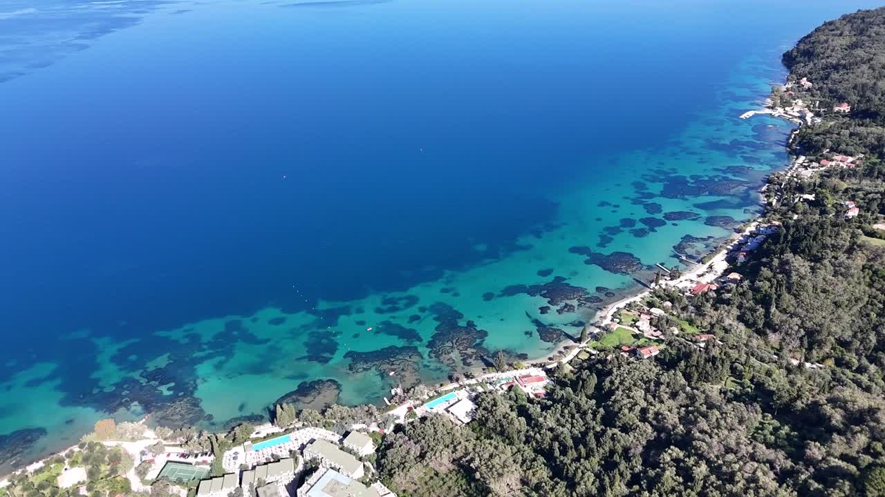 Drone footage of turquoise waters at Boukari Beach, Corfu, Greece