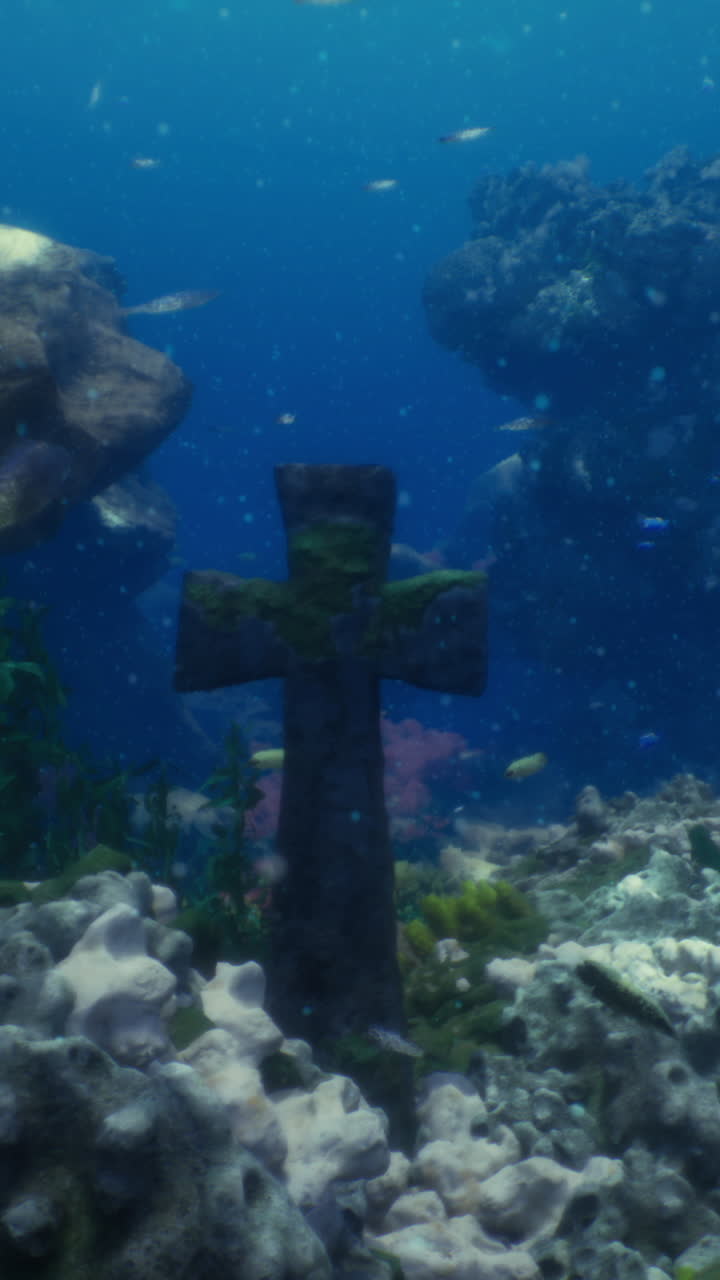 Underwater exploration reveals a submerged cross amidst colorful marine life