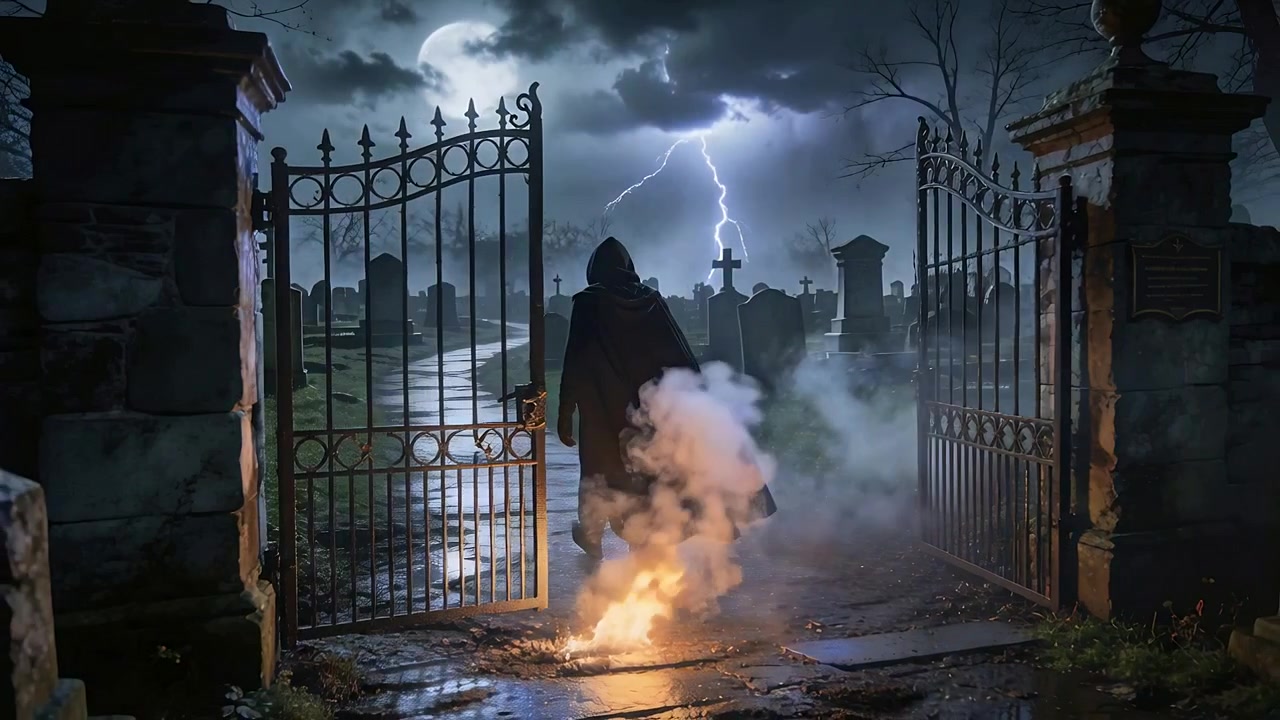 Approaching cloaked figure pushing open iron gate, stepping through, flame igniting, fog spreading