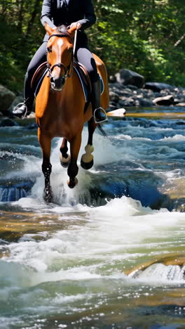 Horse and Rider Crossing a Rocky River