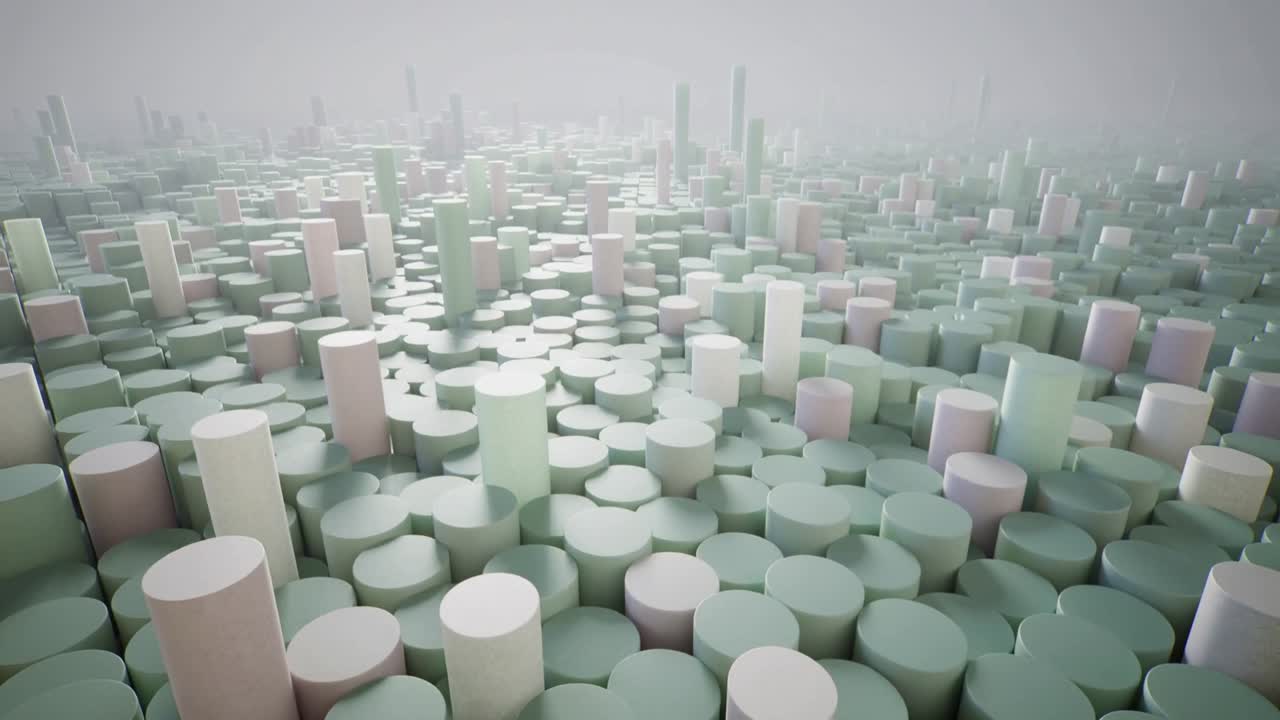 Gliding camera with playback starting, moving forward over pastel cylinder field revealing skyline