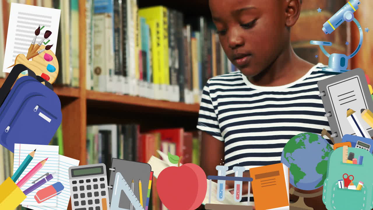 Animation of school items icons over african american schoolgirl reading book in library