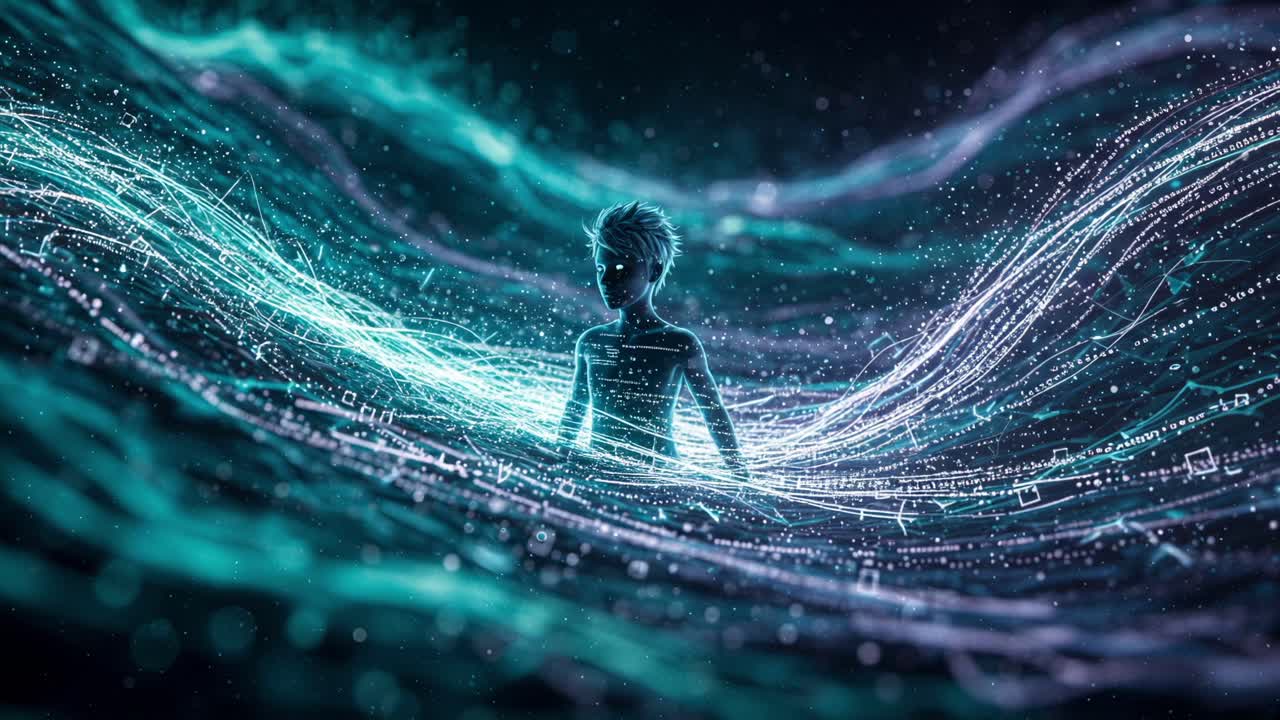 Exploring the intersection of technology and humanity through an ethereal digital landscape with a figure immersed in flowing data streams