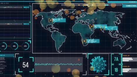 Animación-De-La-Célula-Covid-19-Y-Procesamiento-De-Datos-Sobre-El-Mapa-Mundial