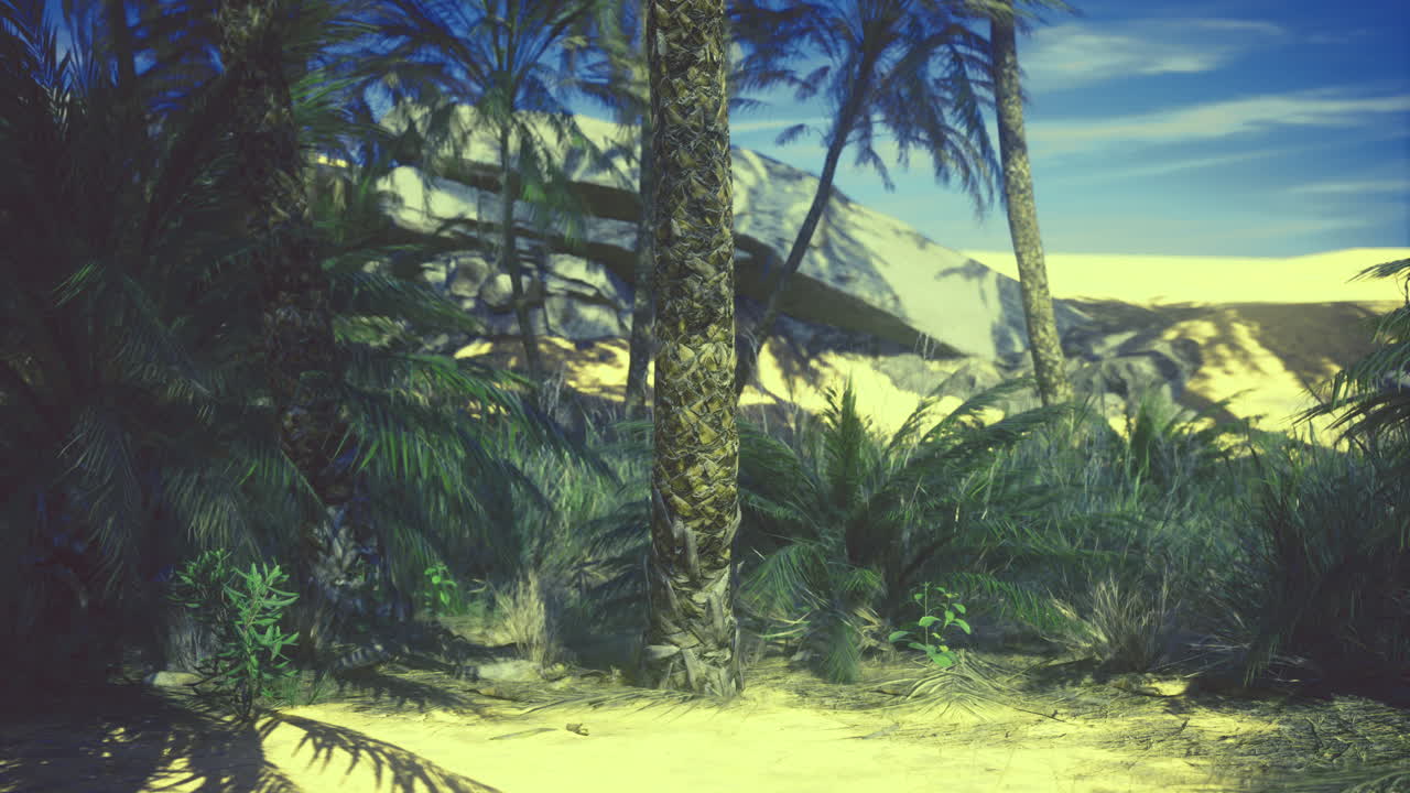 Desert oasis with palm trees and vibrant vegetation under a clear blue sky