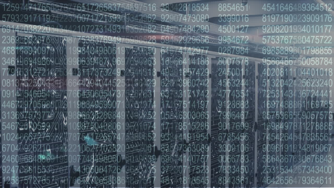Animation of data processing and microprocessor connections against computer server room