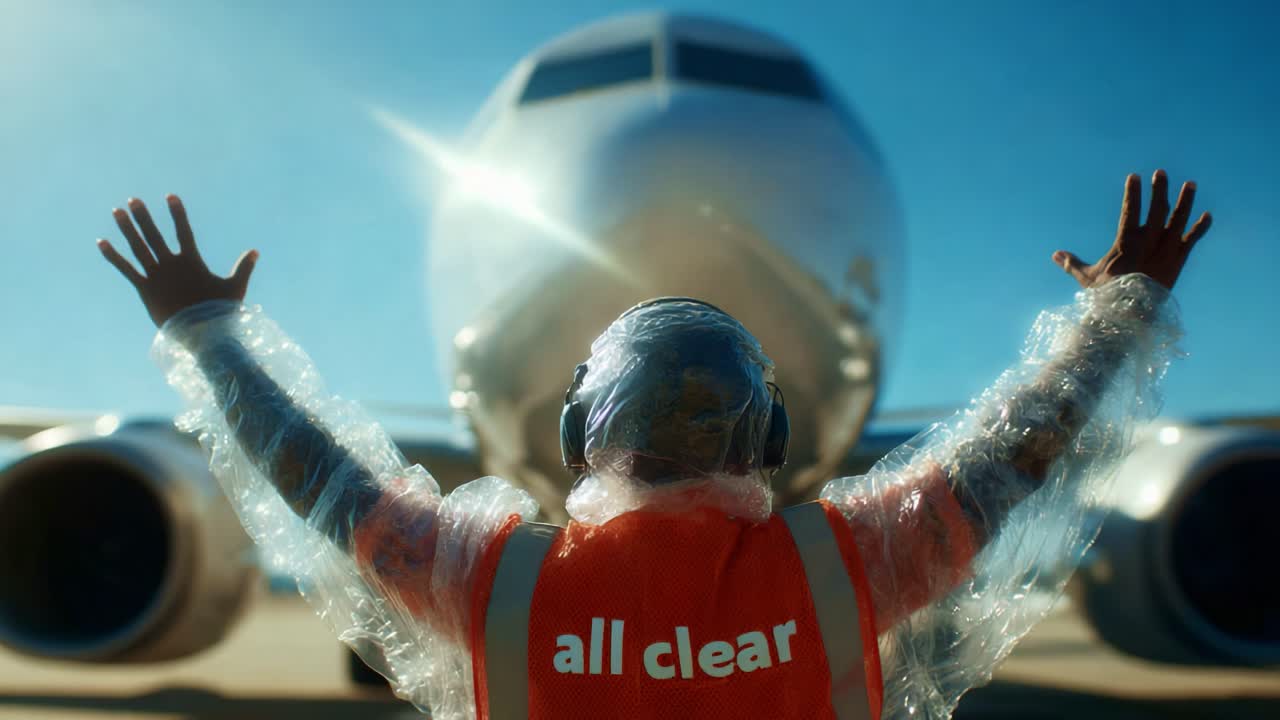 A ground crew member signals the all clear for an airplane during a bright day on the tarmac, demonstrating vital safety procedures in aviation operations and ensuring flight readiness