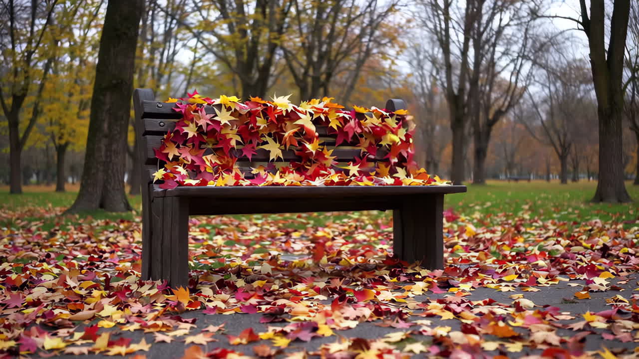 Autumn park bench covered in colorful leaves