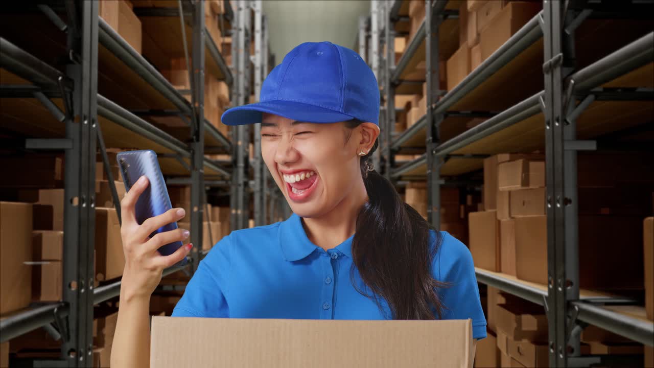 푸른 유니폼을 입은 아시아 여성 택배사가 스마트폰을 보고 창고에서 상자를 배달하는 동안 성공을 축하하고 있습니다.