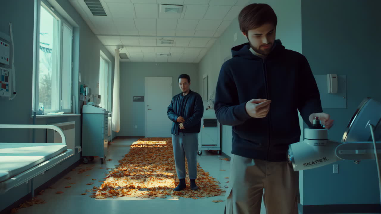 Men in a surreal hospital hallway with autumn leaves on the floor