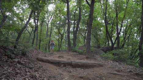 el excursionista turístico europeo camina por el sendero sudando y cansado, el bosque libera el fondo vista de ángulo bajo