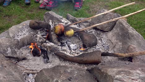 family having food heaten up in a campfire