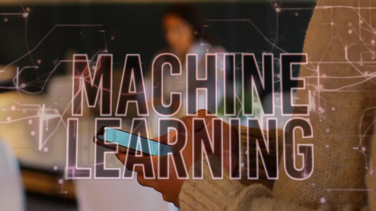 Animation of machine learning text over caucasian woman using smartphone