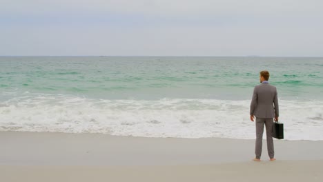 vista trasera de un hombre de negocios caucásico de pie con un maletín en la playa 4k