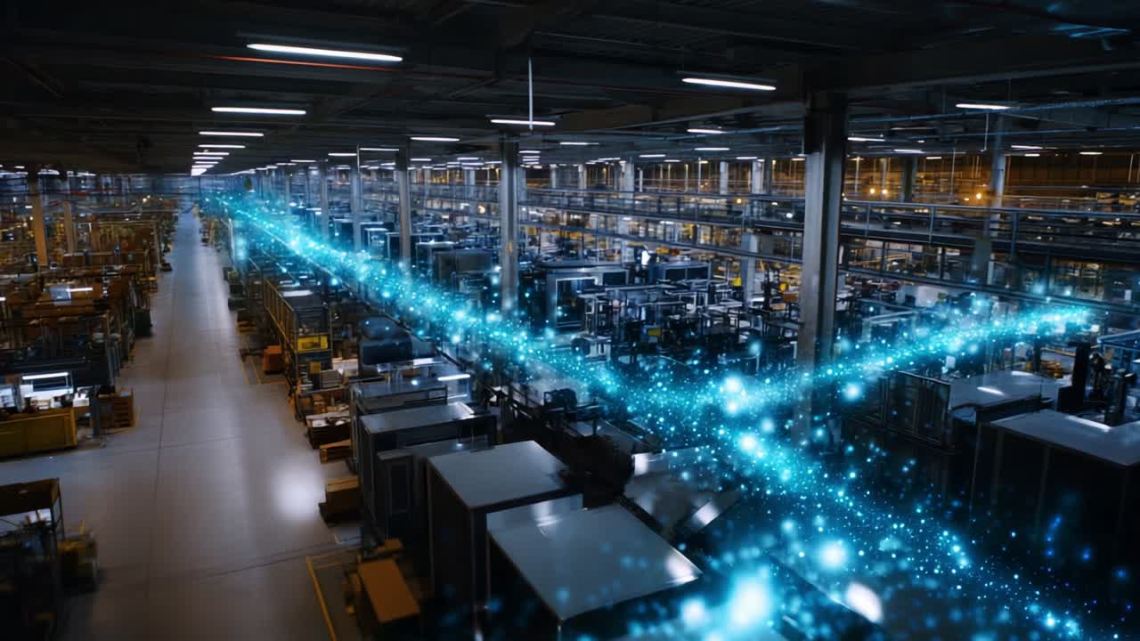 A Dynamic Overview of a High-Tech Warehouse: Exploring the Intricate Pathways of Goods Through a Modern Supply Chain Facility Enhanced by Vibrant Luminescent Effects for Optimal Efficiency