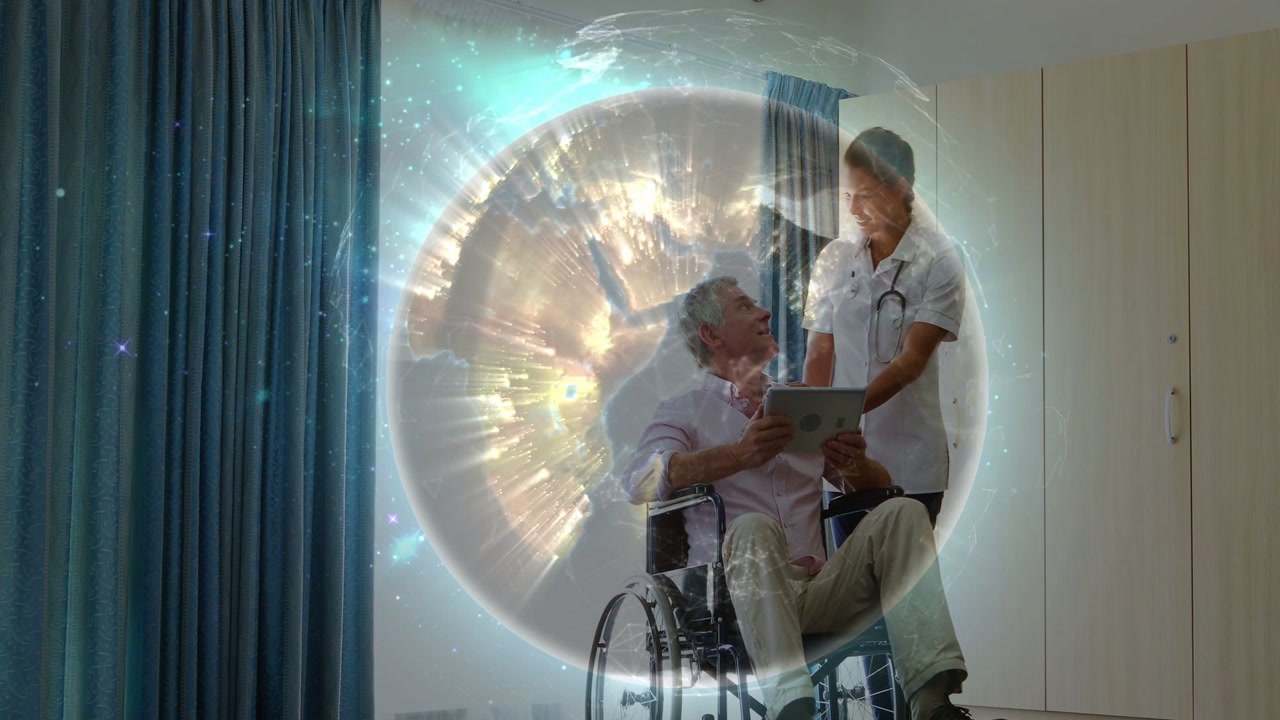 Nurse handing tablet explaining care while man tapping tablet in wheelchair, globe glowing behind