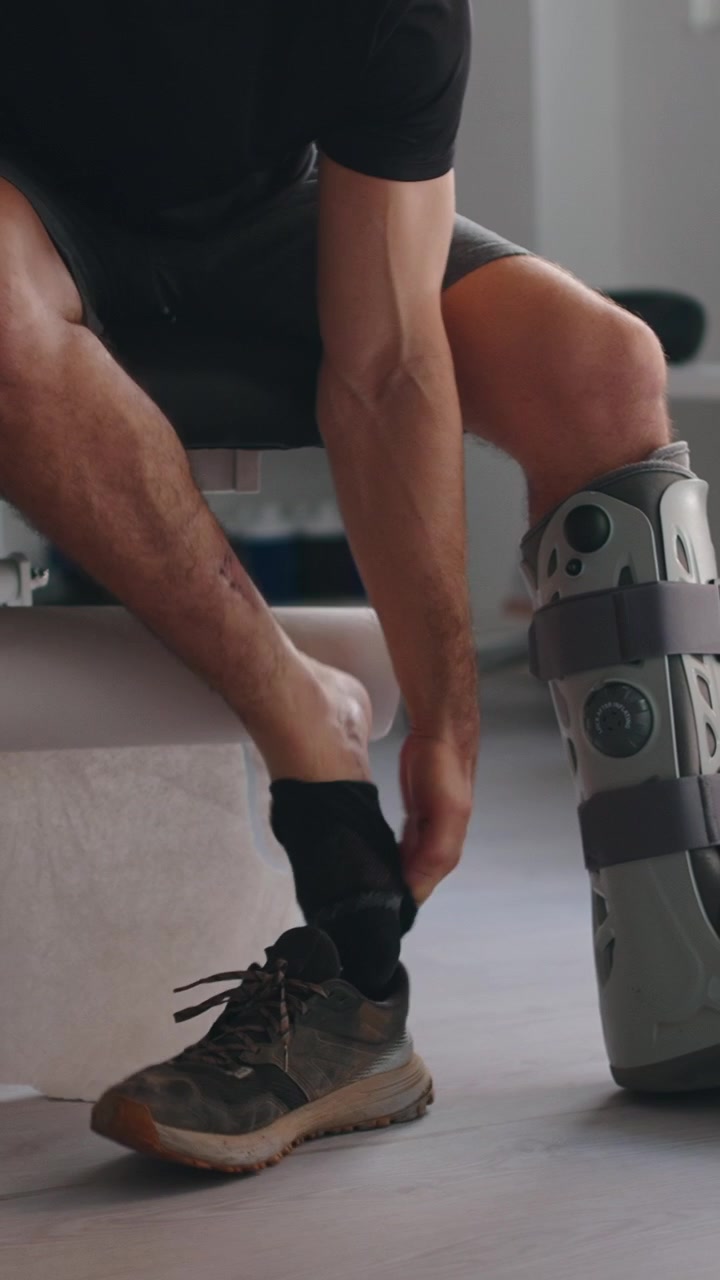Uomo con infortunio alla gamba che si toglie scarpa e calzino in clinica.