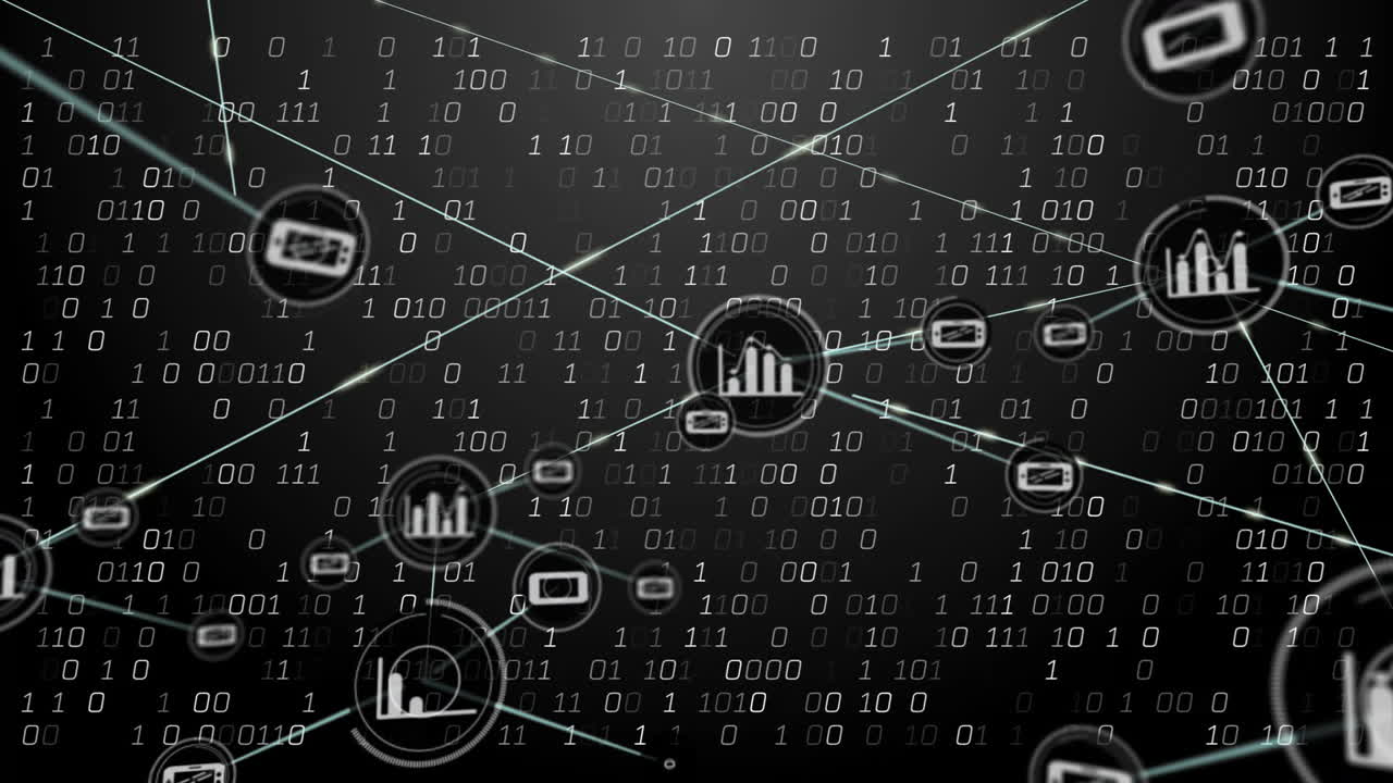 Animation of network of connections with icons over data processing on black background
