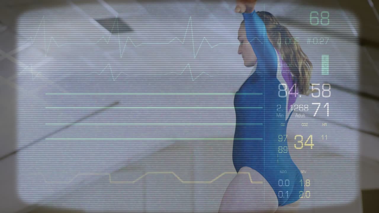 Female gymnast initiating by lifting right leg, holding balance, HUD tracking ECG numbers, training