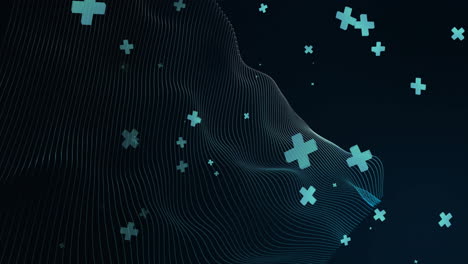 animation of 3d green crosses floating of curved network lines on black background
