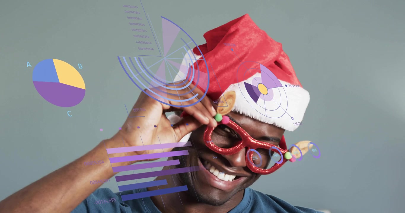 Man wearing Santa hat picking reindeer glitter glasses, adjusting and causing drifting data visuals