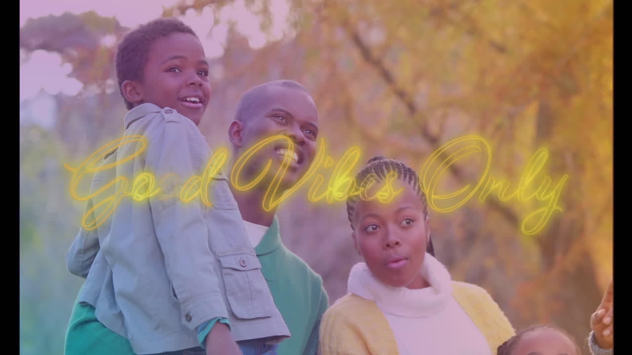 Animation of good vibes only over happy african american family in park