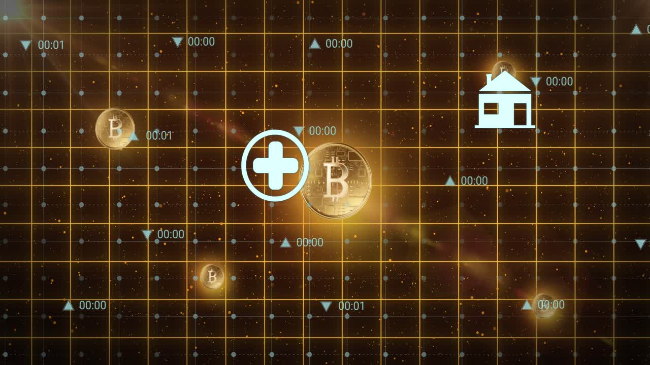 Questo video è un'animazione di simboli Bitcoin dorati e luminosi su una griglia gialla su sfondo nero.