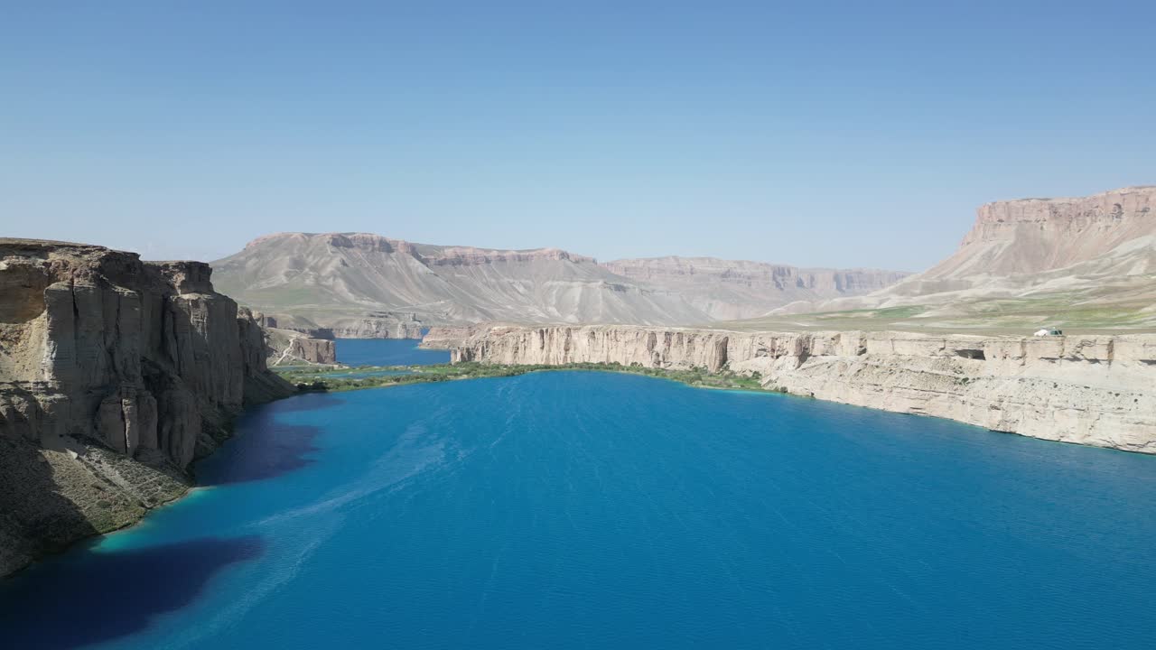 Lake with deep blue color in Band e Amir National Park in Bamyan Province, Afghanistan. Drone view