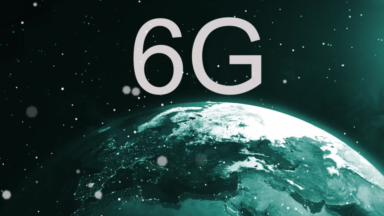 Animation of white dots and 6g over globe rotating in space