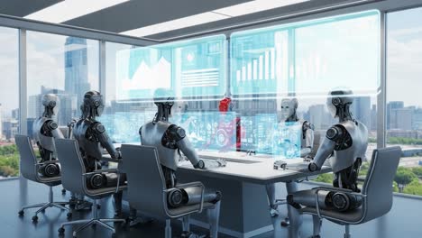 a futuristic conference room with advanced robots collaborating on data analysis and visualization in a high-tech urban environment