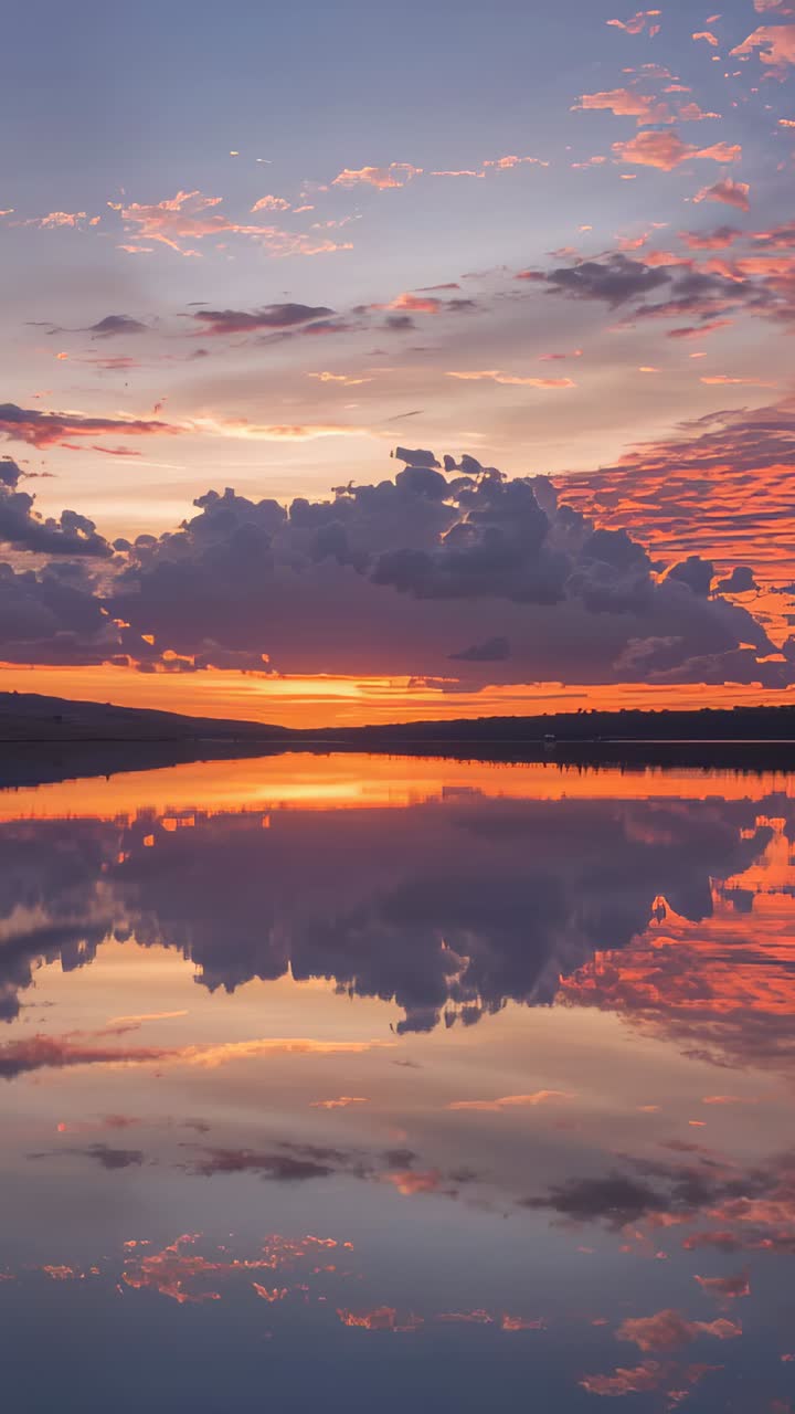 Vertical video: Showing sunset sky and reflection on calm lake with sun sinking, coloring cumulus