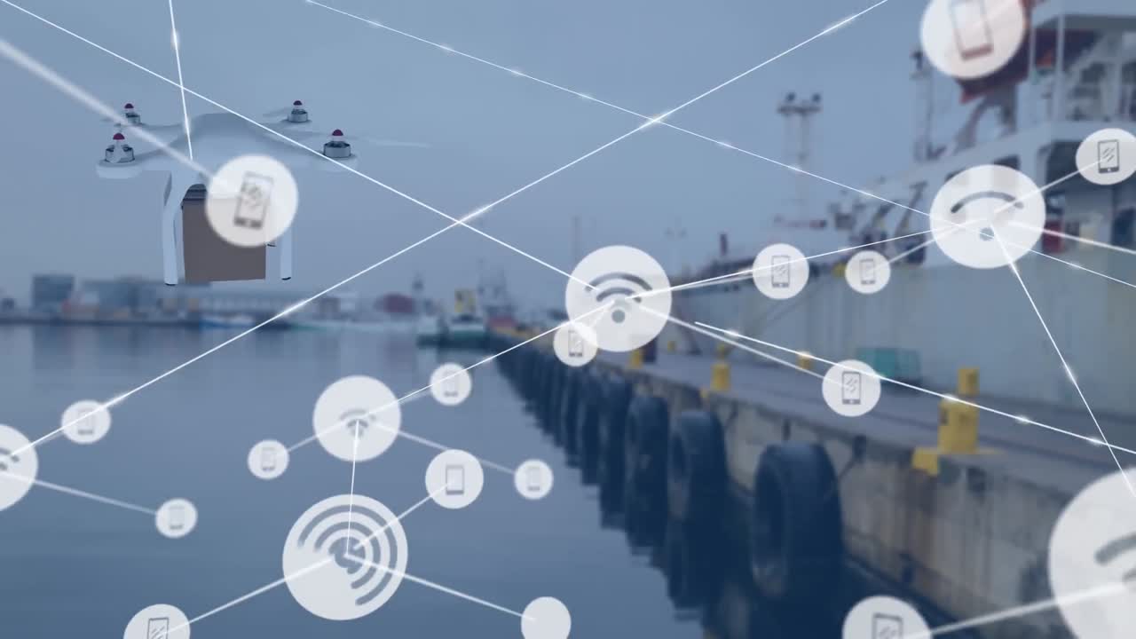Animación de red de conexiones con iconos sobre un dron transportando un paquete