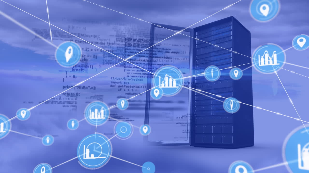 Animation of network of connections with icons over computer server in clouds