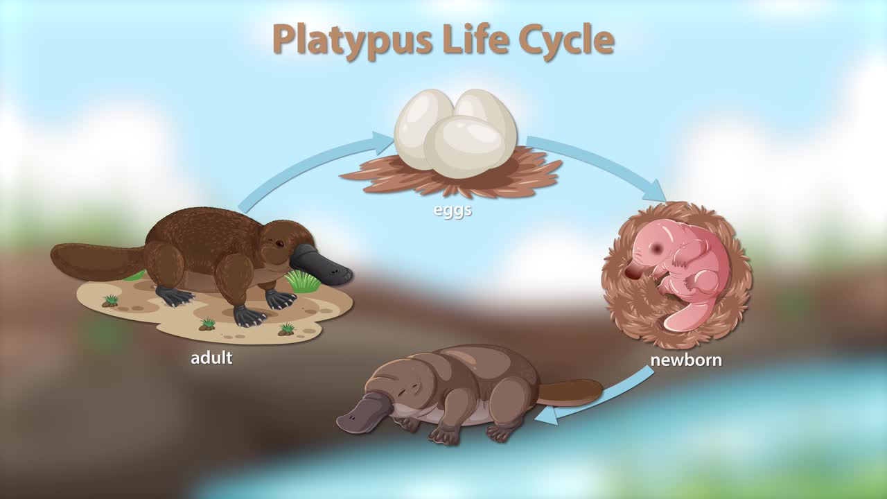 A digital animation visually explains the platypus life cycle, showing transitions from eggs to newborn, baby, and adult stages with smooth, educational graphics