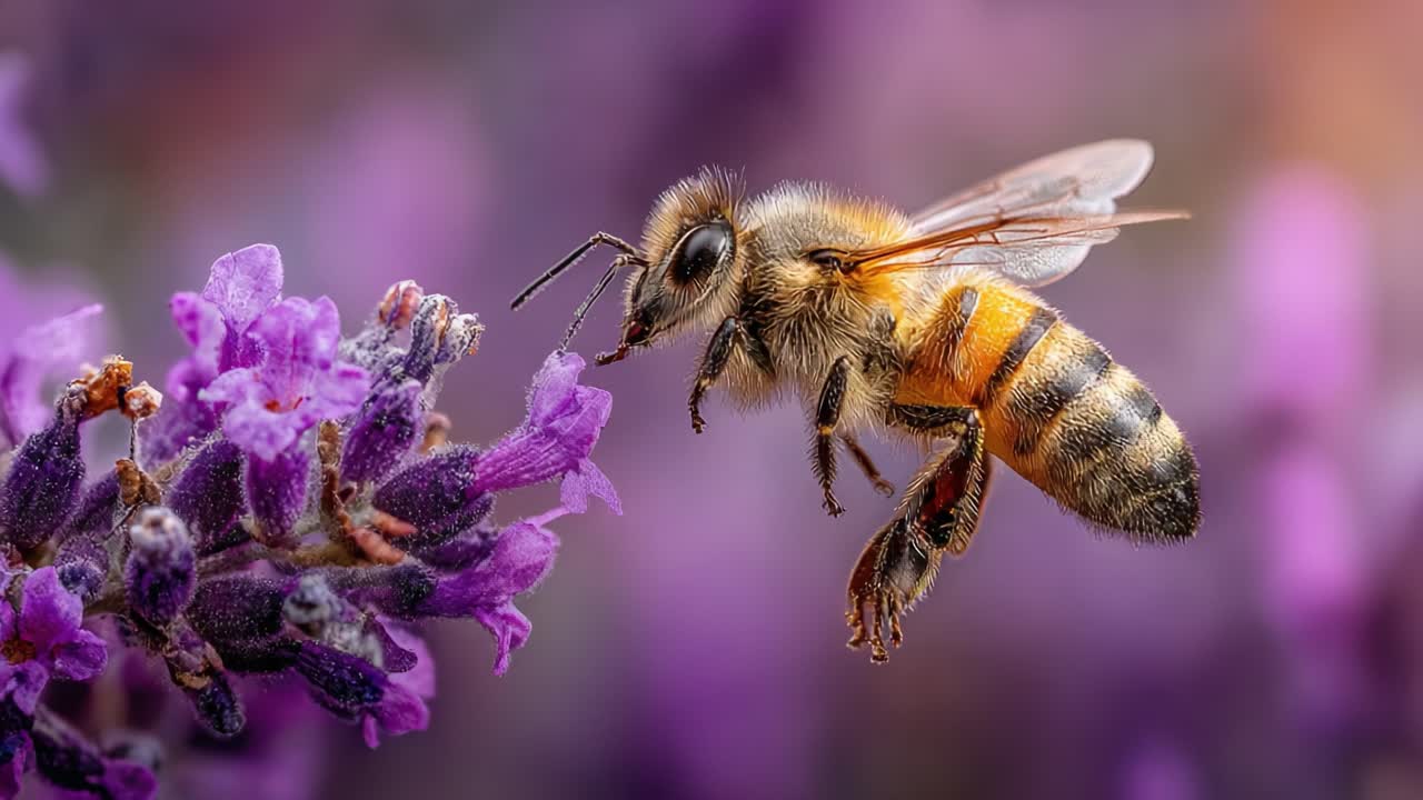 Eine Nahaufnahme einer Honigbiene im Flug, die wunderschöne Lavendelblüten bestäubt, in lebendigen Details vor einem sanften lila Hintergrund aufgenommen