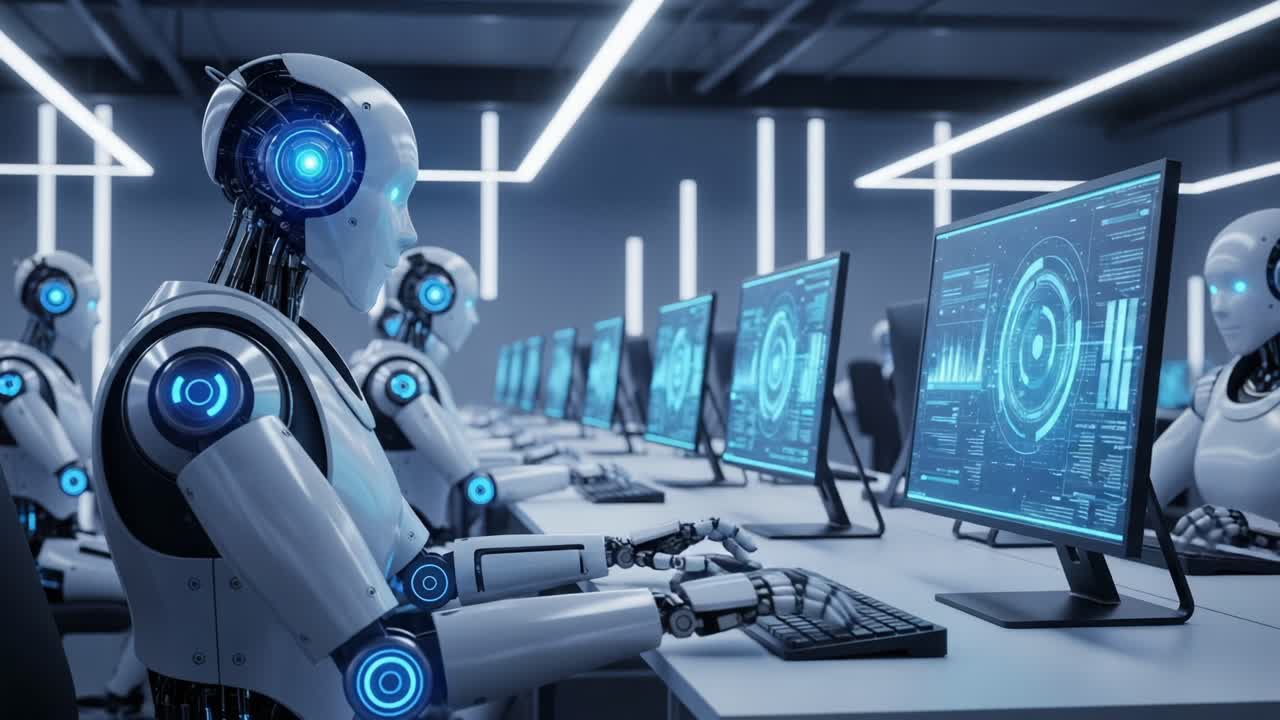 Advanced Robotics in Action: A Scene Depicting Robots Engaged in Data Processing at High-Tech Workstations in a Futuristic Environment