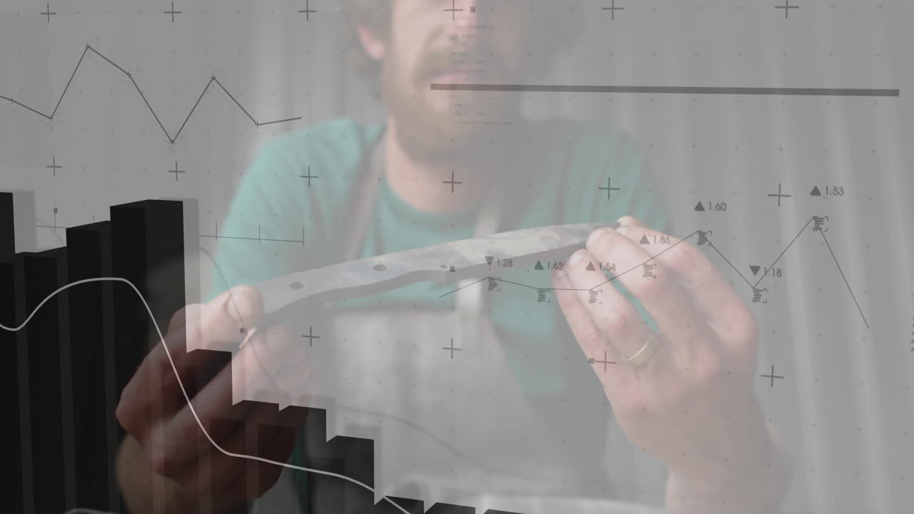 Technician inspecting metal part in tech workshop, displaying animated line graphs and bar charts