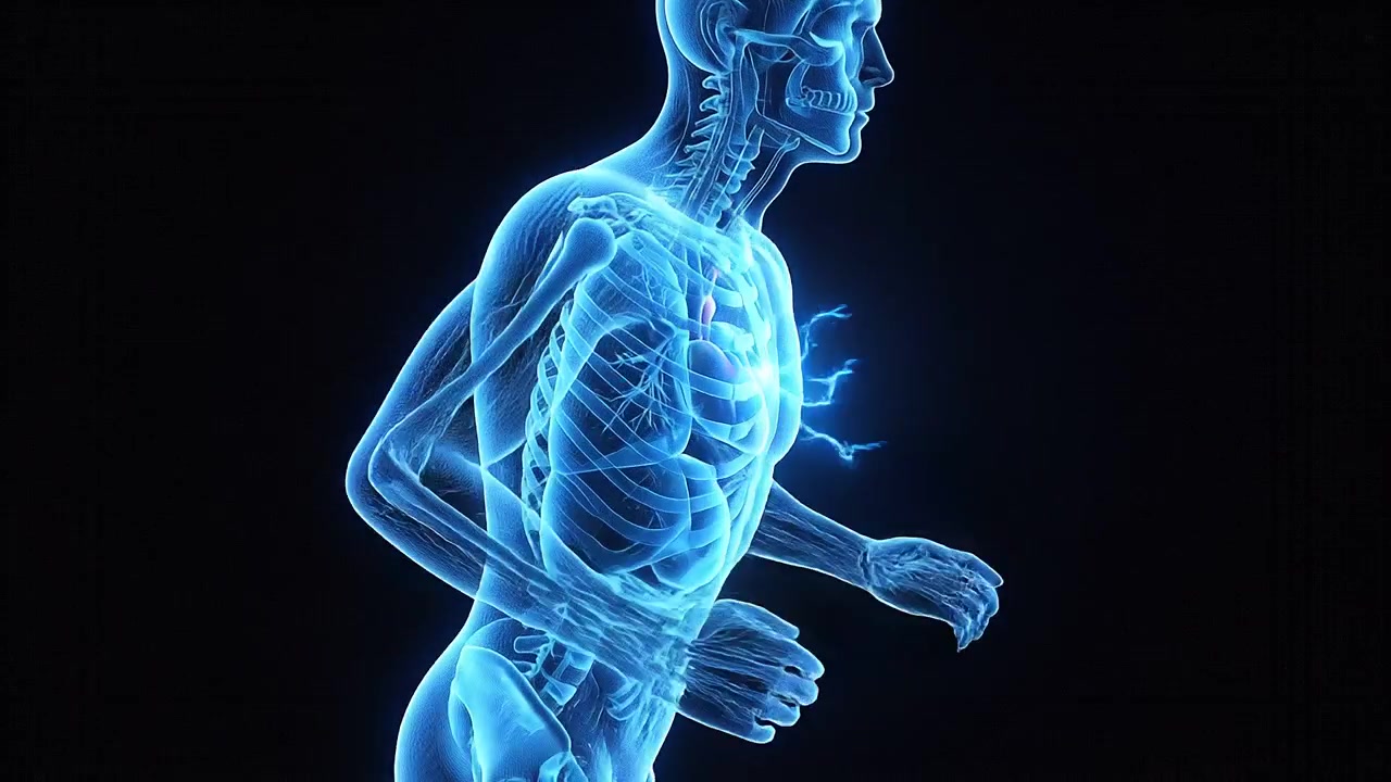 Glowing Blue Human Body Wireframe Running Model on Black Background