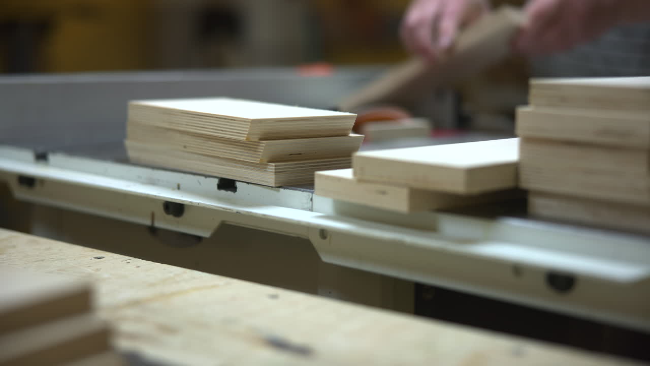 Workbench Stacking Cut Panels Caucasian Cabinetmaker Sorting Pieces For Assembly, Neat Piles Of Plywood, Hands. Media