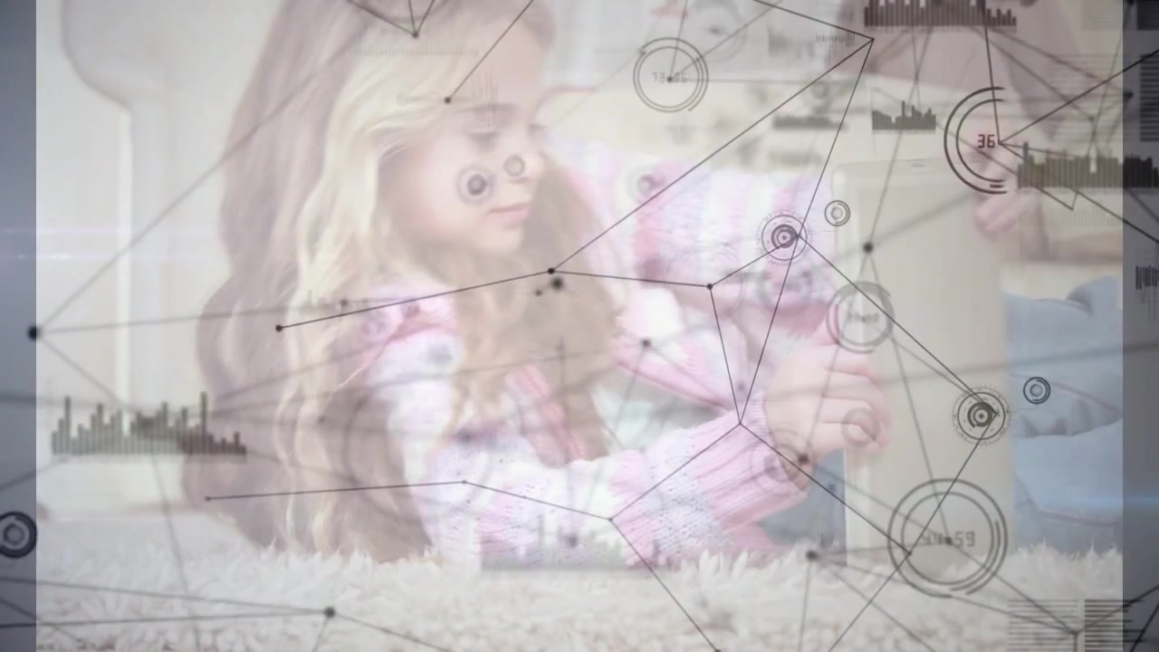 Happy Young Girl Lying on Floor Using Digital Tablet with Network Overlay