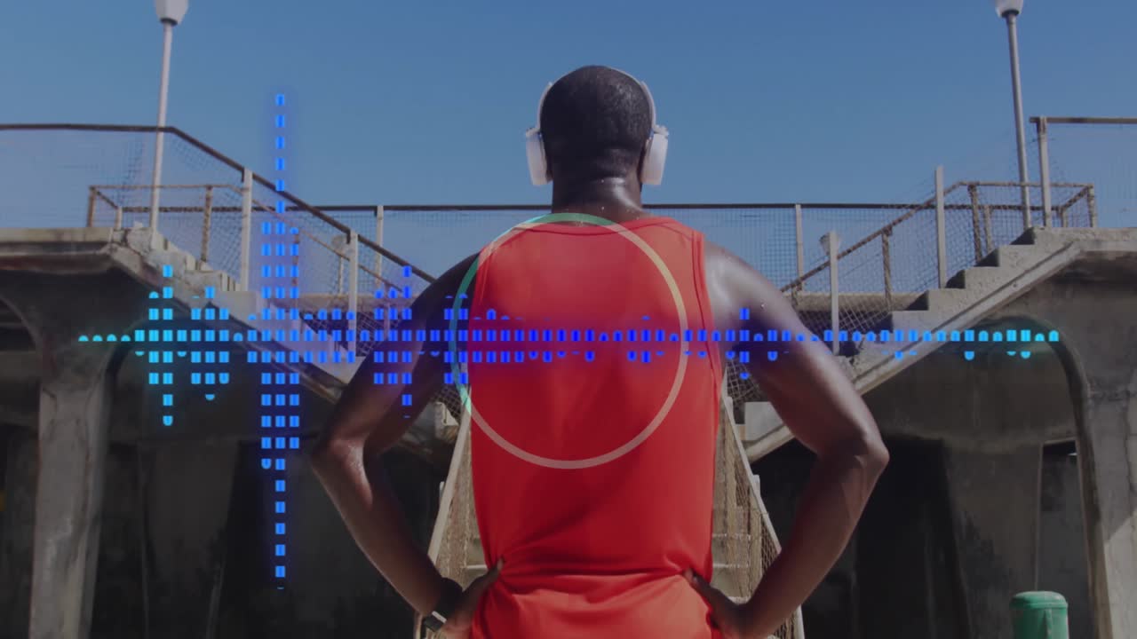 휴식을 취하는 헤드폰을 착용한 아프리카계 미국인 남성의 운동에 대한 음파 애니메이션