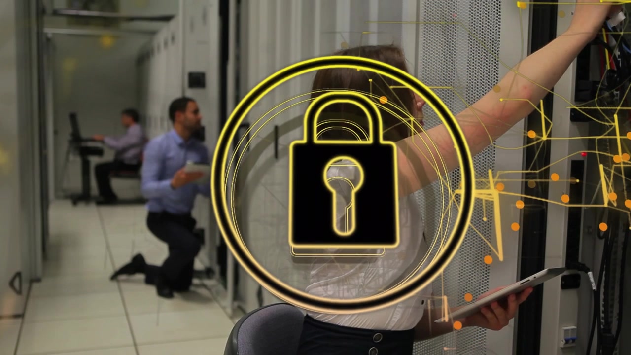 Animation of padlock and data processing over technicians working in computer server room