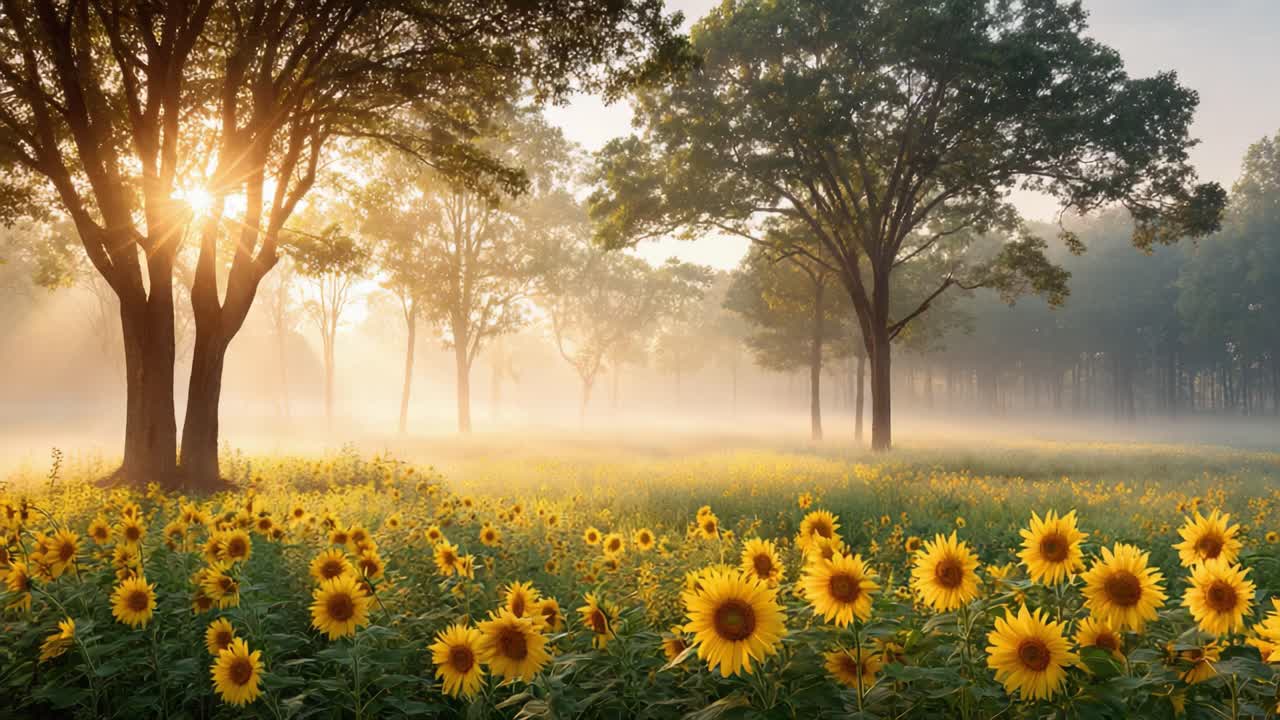 A Serene Morning in Nature: Sunflowers Blooming Under the Gentle Light of Dawn Amidst Beautiful Green Trees and Misty Background