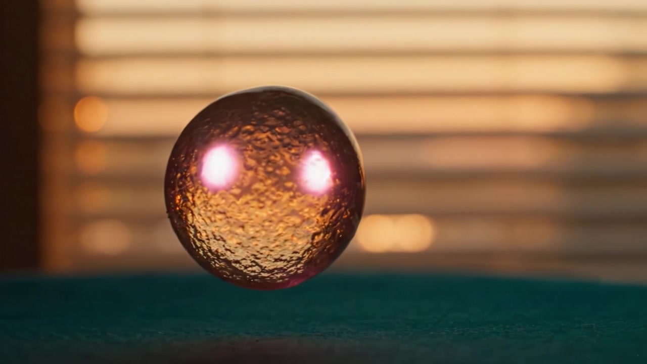 En svävande glaskula fångad i mjukt varmt ljus, omgiven av subtila reflektioner, vilket skapar en fascinerande visuell upplevelse under den gyllene timmen.