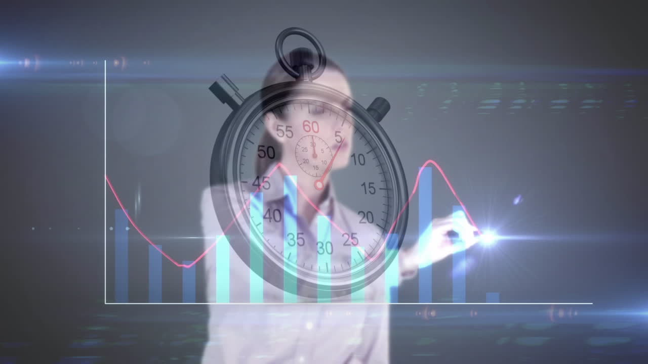 사업가 여성과 스토프워치와 함께 통계의 애니메이션