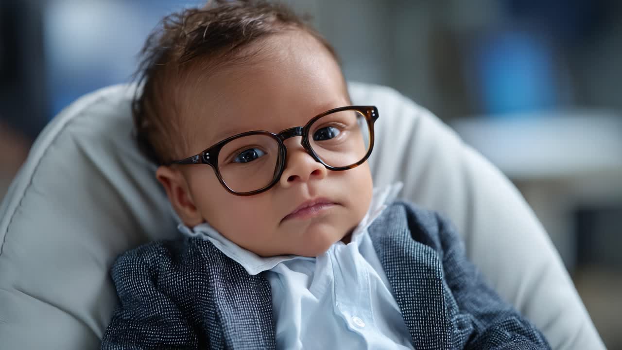 Bebè adorabile con occhiali alla moda che trasuda fascino e sicurezza mentre è seduto comodamente su una sedia moderna, mettendo in mostra la sua personalità unica e il suo senso della moda