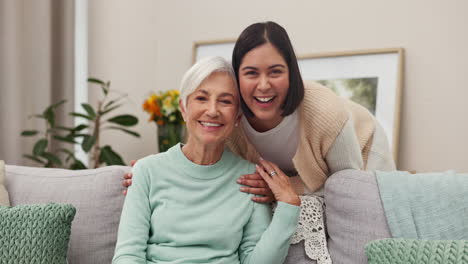 Face,-elderly-mother-and-woman-on-sofa-in-home